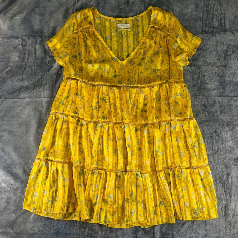 Urban Outfitters Yellow Floral Tiered Babydoll Dress Size Small Flutter Sleeve